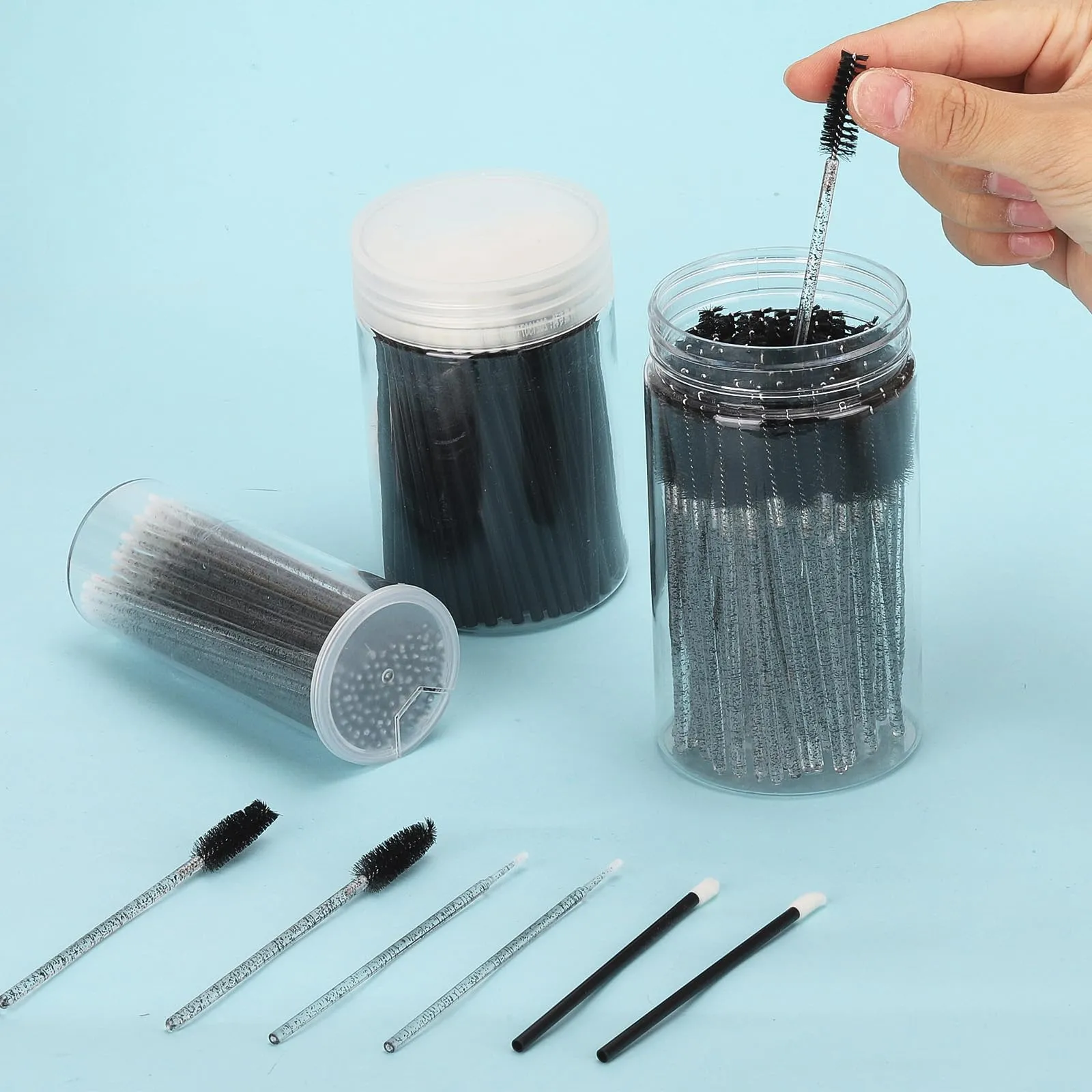 1500 Pcs Eyelash Extension Supplies Kit, 500 Spoolies Mascara Wands 500 Lip Brushes 500 Micro Swabs Black, Disposable Eyelash Brushes Makeup Applicator Tool with 3 Reusable Containers